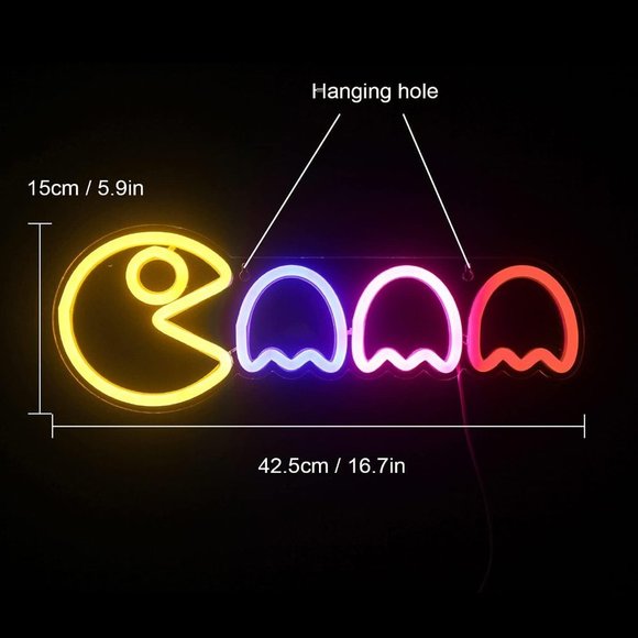 Neon Retro Pac Man LED Gamer Man Cave Cartoon Teen/Boys Room Wall Light Decor - Picture 5 of 6